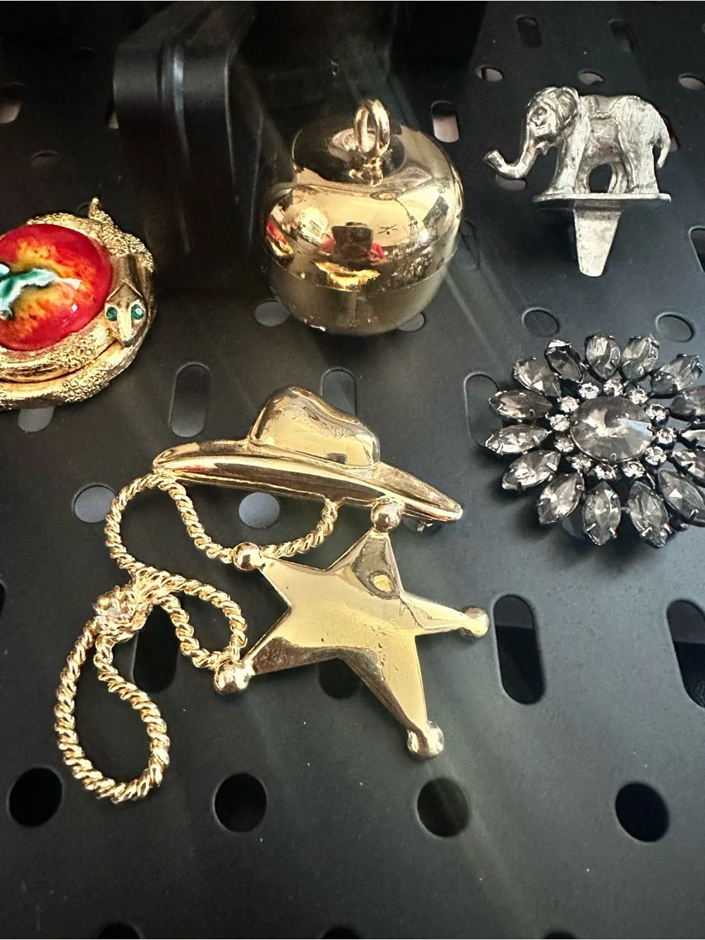 Mixed Vintage Brooch and charm Lot - Gold, Silver, Red Accents